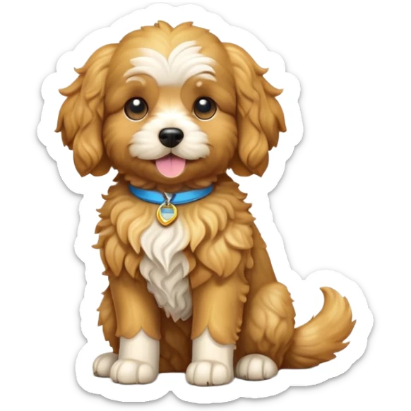 cinematic-[cavoodle dog]-realistic-full-body-sitting-emoji,-tail-resting-loosely-beside-its-paws,-head-tilted-dramatically,-curly-[solid golden]-fur,-simplified-yet-realistic-focused-features,-highly-detailed,-glowing-with-an-almost-sarcastic-glow sticker