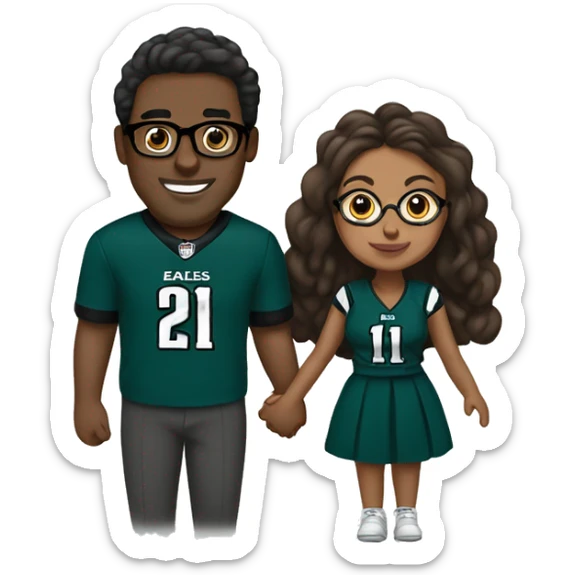 Brown guy and brown girl with glasses and hair in a bun in Philadelphia eagles clothes holding hands sticker