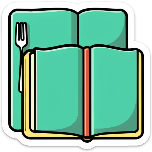 Closed cookbook with a fork and spoon symbol on the cover – collection of recipes sticker