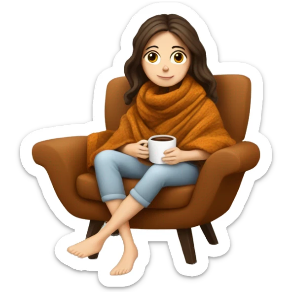 Brunette white girl covered in blanket autumn vibe sitting on a cozy chair holding coffee sticker