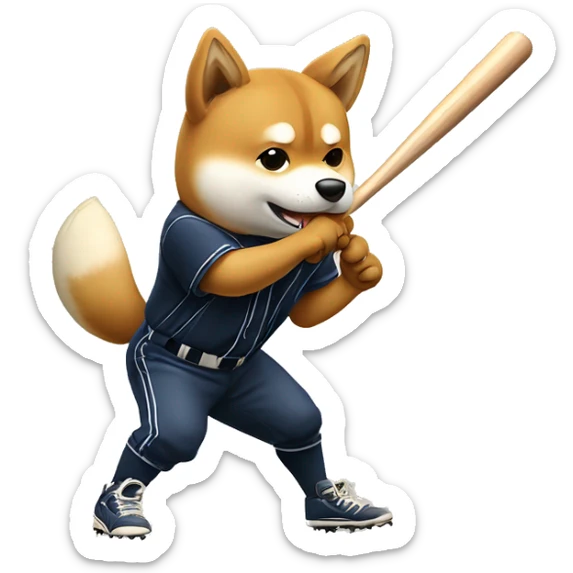 a cute shiba inu swings a baseball bat. but it was a swing strikeout situation. sticker