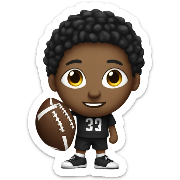 black boy with short dreads holding a black and white round football with high cheek bones and big eyes wearing a black hoodie   sticker