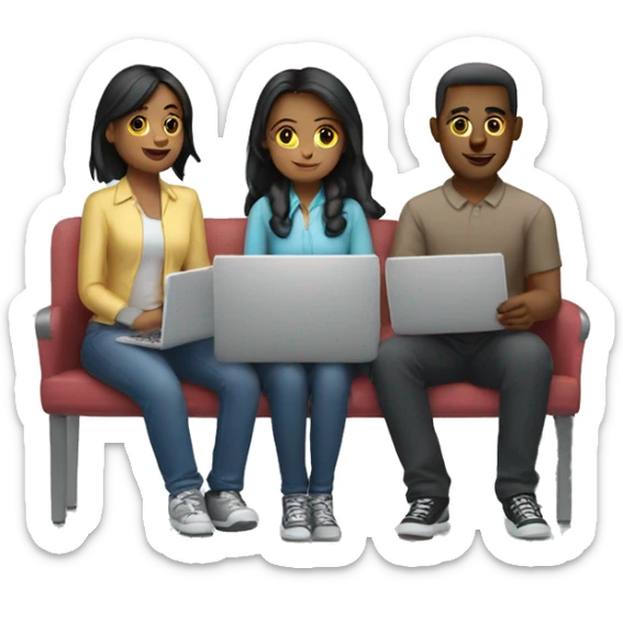2 girl and 3 man each of them holding laptop and sit together  sticker
