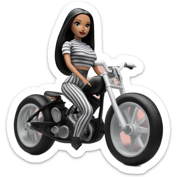 Jeffery New York Lingerie Barbie white Wednesday Addams from academy in vertically-striped gray and black outfit. Leaning back, riding a wheelie on a hot rod bike sticker