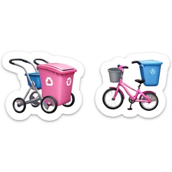 Two pink kids bikes, a stroller, and a trash can, at the end of a hallway sticker