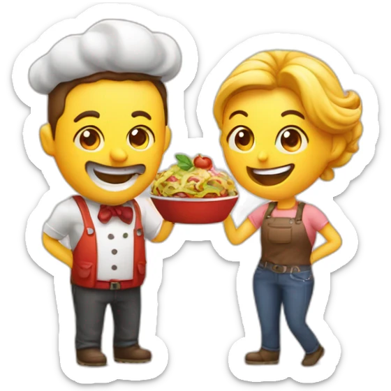 food photographers man and woman happy. Camera and food sticker