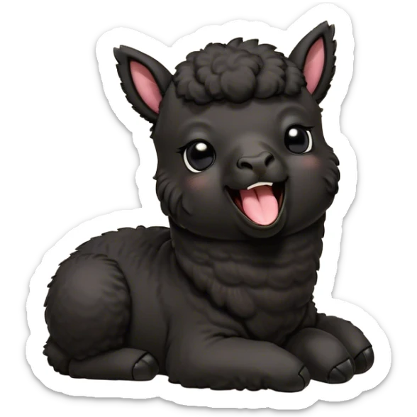 Cinematic Cute Yawning Black Alpaca Portrait Emoji, Head tilted slightly with a dramatic, wide-open yawn, showcasing a soft, plush jet-black fleece with gently drooping ears, round dark eyes barely open in drowsy contentment, Simplified yet irresistibly adorable features, highly detailed, glowing with a soft, cozy glow, high shine, relaxed yet expressive, stylized with a touch of whimsy, bright and endearing, soft glowing outline, capturing the essence of a sleepy yet affectionate alpaca, so drowsy it feels like it could stretch out of the screen and curl up for a nap! sticker