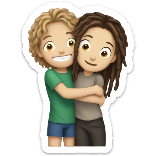 smiling boy with dreadlocks hugging a white girl with brunette hair and big eyes sticker