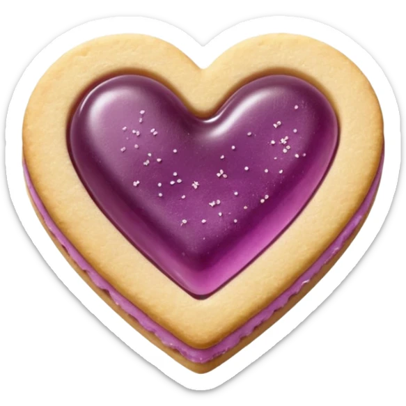 Realistic shortbread cookie in the shape of a heart with mauve jelly middle filling and sprinkled powder sugar on top. sticker