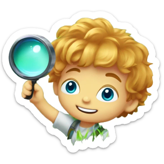 Little boy with blue/turquoise eyes, no glasses, and strawberryblonde wavy hair crouching down low in a lot of green grass. He is holding a magnifying glass, closely examining nature and looking happy/curious sticker
