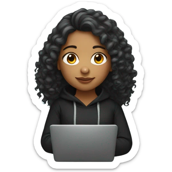 indian girl  with curly shoulder length hair wearing black hoody with laptop sticker