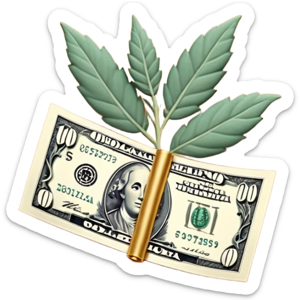 Una miniatura fotorrealista de un billete de cien dólares enrollado elegantemente con un hilo de oro brillante y un pequeño acento de hoja de salvia. Fondo terracota. Estilo: lujo financiero y orgánico sticker