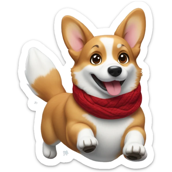 Playful corgi sliding on snow, wearing a red scarf, and leaving a trail of paw prints behind sticker