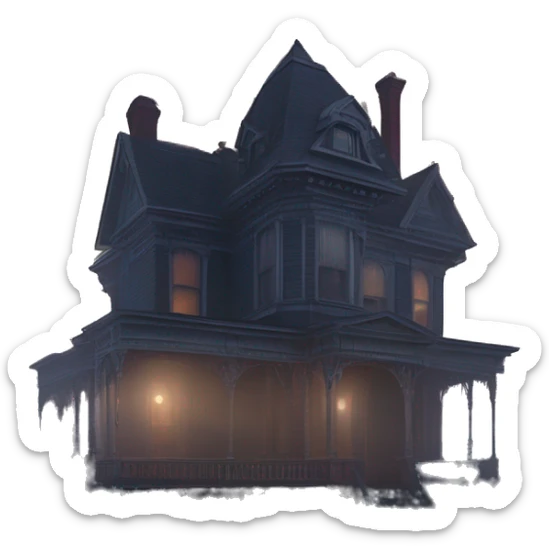 Fantastic Wide view, A very roomy ramshackle Victorian Addams mansion looms through light fog at dusk  sticker