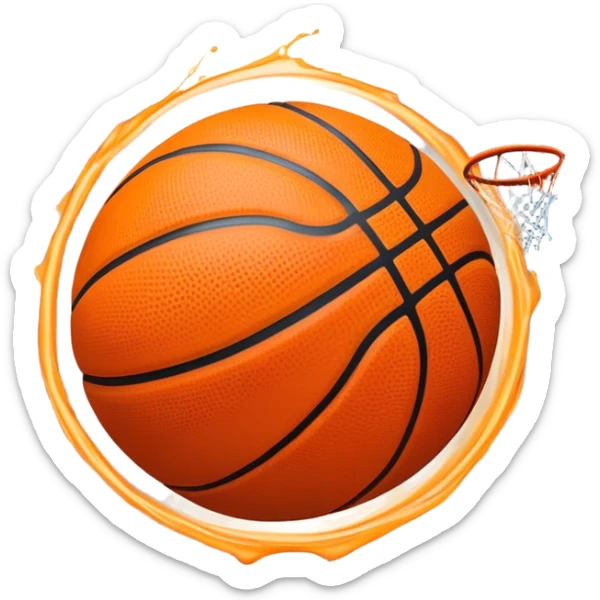 Cinematic Realistic image of a basketball captured in dynamic motion, with detailed surface textures and a slight motion blur, set against a vibrant urban backdrop with energetic lighting sticker