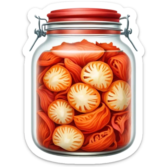 chopped up Kimchi Cinematic Realistic Kimchi Dish Emoji, depicted as spicy, fermented cabbage with vibrant red hues neatly served in a traditional jar, rendered with dynamic textures and bold, appetizing lighting. sticker