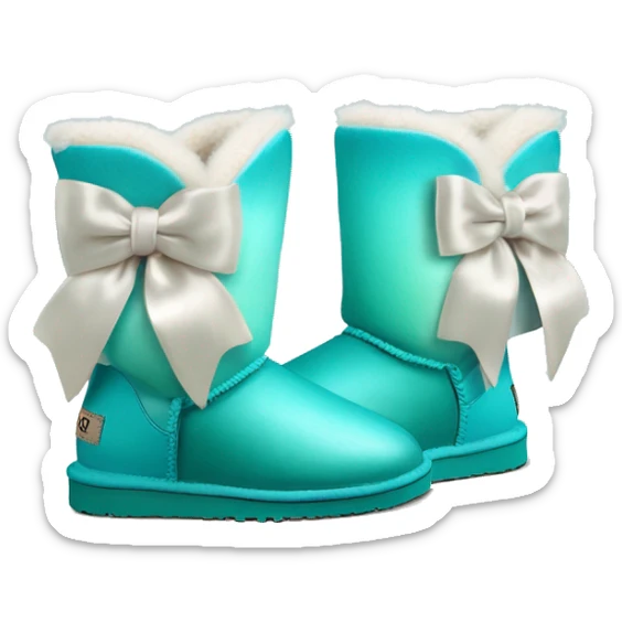 Realistic pair of tiffany blue to turquoise ombre fur Ugg boots with silk ribbon bows. sticker