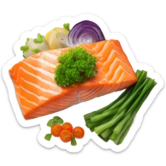 realistic piece of baked salmon served on the plate with vegetables  sticker