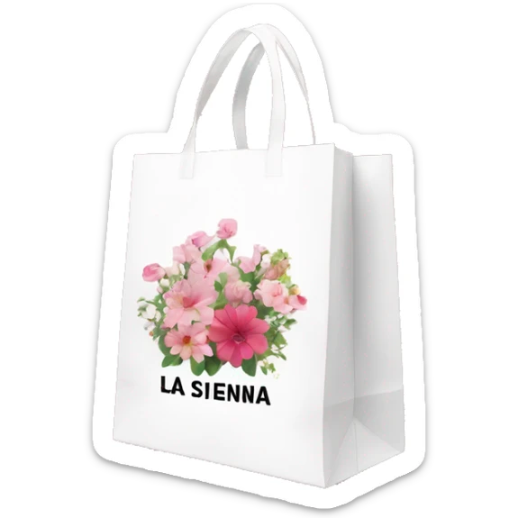 White shopping bag with La Sienna written on the side in text with picture of flower and inside bag has floral pink clothes in it  sticker