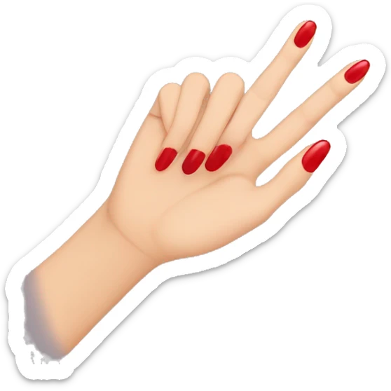 woman hand pointing index finger, red nail varnish. top of the hand is showing sticker