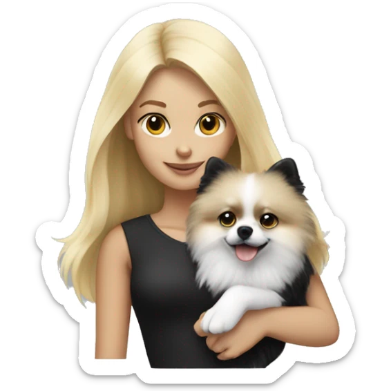 blonde girl with black & white pomeranian in her arms sticker
