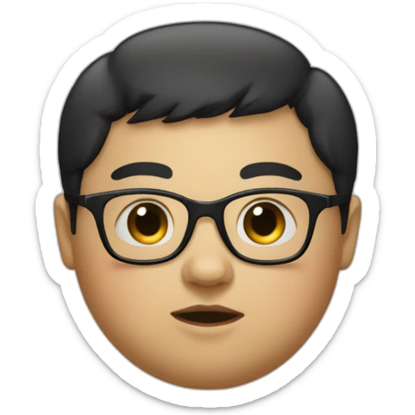 A fat kid with very short black hair and glasses and a bed in the bacl sticker