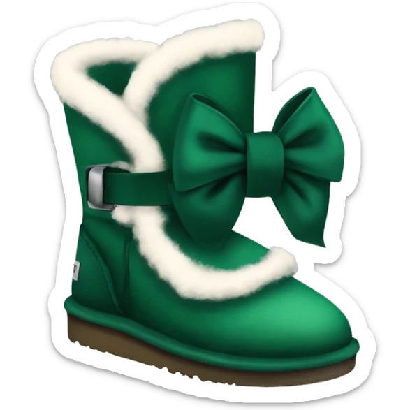 Dark green Ugg fur boots with dark green ribbon bows and silver buckle sticker