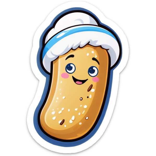A smiling Twinkie, full of cream coming out of it with a blue towel over its eyes and head sticker