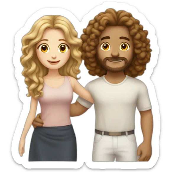 man and woman standing in an embrace White skin woman has long hair The man has shoulder-length curly hair sticker