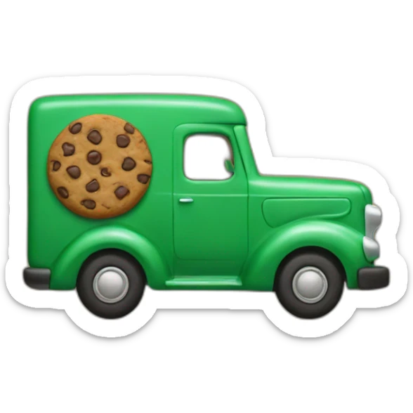 a cookie shaped truck covered in chocolate for the girl scouts with green coloring and flames coming out the end sticker