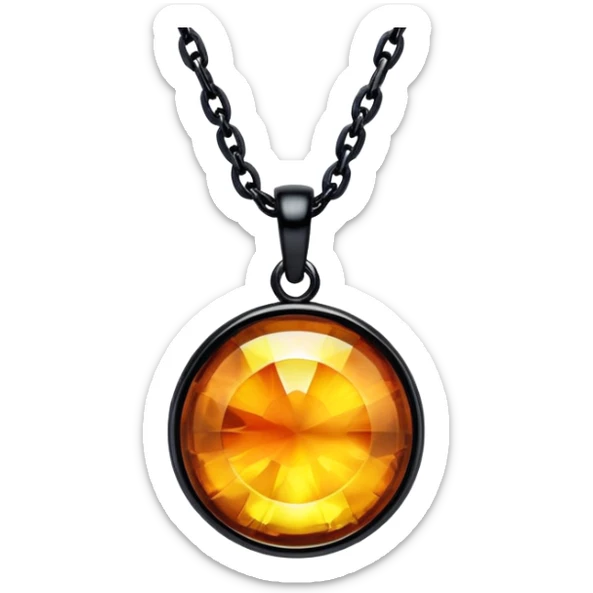 extreme close up of a round cut holographic amber charm with black findings and black chain sticker