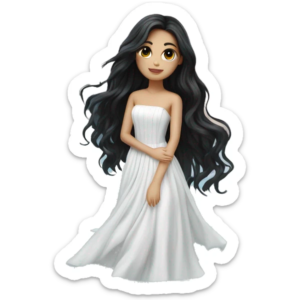 Pretty young Lady doll posing posed pose with long black hair flowers in hair white dress surrounded by flowing water sticker