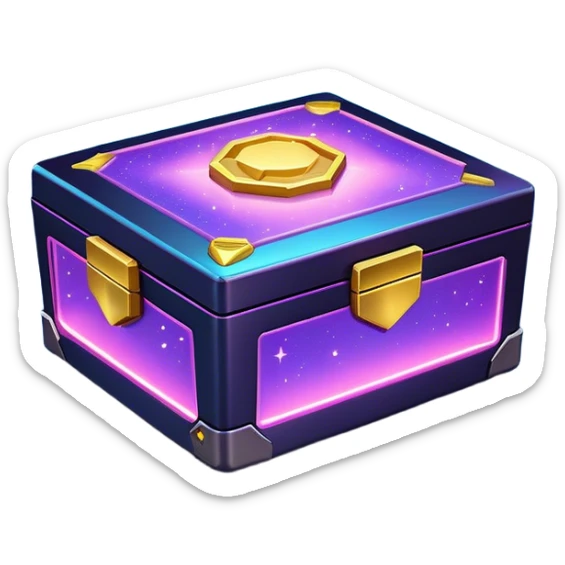 Clash of Clans aesthetic: Cinematic Playful Sci-fi Loot Crate Emoji, rendered in a 3D vector-style similar to standard emojis with minimal shading and bold, simplified shapes. A compact, futuristic storage box with sleek metallic panels and digital accents, softly glowing with a cosmic treasure charm. Simplified yet unmistakably iconic, highly detailed and consistent, glowing with a soft radiant shine and high gloss. Stylized with a touch of intergalactic mystery and a soft glowing outline, capturing the essence of a futuristic reward chest with a friendly, playful allure! sticker