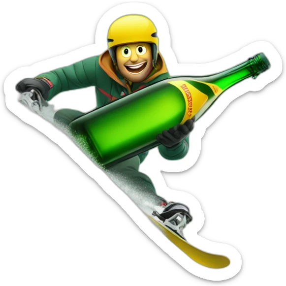 Man ski grinding over a giant green bottle of buckfast tonic wine with yellow label sticker