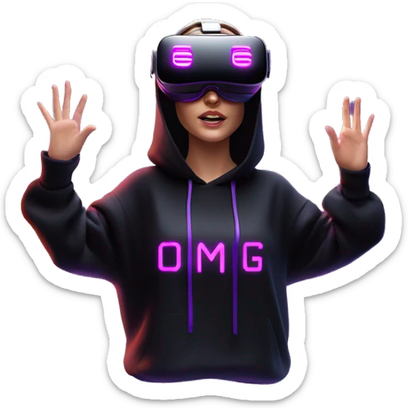 Russian girl wearing black hoody with violet letters "OMG", in vr headset oculus quest2. Standing like jedi. Cyberpunk style. Violet neon. sticker