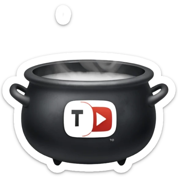 A black cauldron with lot of smoke rising, and the white YouTube play button logo floating above the smoke sticker
