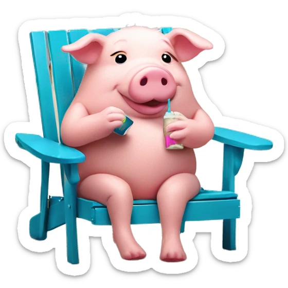 soft toy pig wearing swimshorts , alcoholic drink in hand , sitting on a chair on the beach  sticker