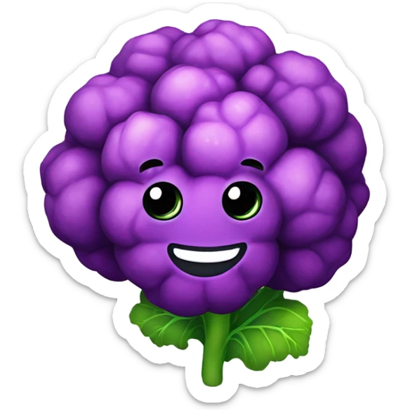  Cheerful purple cauliflower with vibrant green leaves, a cute face with big expressive eyes and a friendly smile, styled in a cartoonish and playful design. sticker