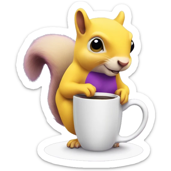purple squirrel in a yellow dress with a mug of coffee in its paws sticker