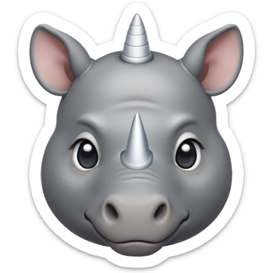 Cinematic Cute Rhinoceros Portrait Emoji, Head tilted playfully and inquisitively, featuring a rugged, glossy slate-gray hide with a gentle, rounded white horn and round, sparkling eyes filled with curious wonder, Simplified yet irresistibly adorable features, highly detailed, glowing with a warm, friendly glow, high shine, affectionate and mighty, stylized with a touch of ancient charm, bright and endearing, soft glowing outline, capturing the essence of a mischievous yet loving rhinoceros, so playful it feels like it could stomp out of the screen and into your arms! sticker