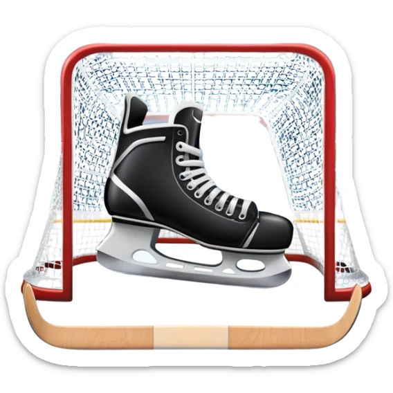 An icon showing a hockey stick, puck, skates, and goalposts on the ice. The background features a large hockey stadium with cheering fans, bright lights, and a snowy landscape visible through the arena. Transparent background highlights the main hockey equipment and atmosphere. sticker