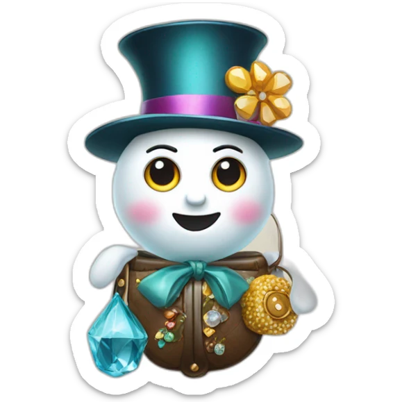 snow woman with designer top hat eyes and buttons are made of precious gems holding a purse in stick arms with a back pack on sticker