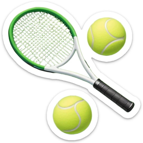 A tennis racket and ball placed on the grass court, with the lines of the court clearly visible in the background. The scene captures the essence of the sport, highlighting the equipment and the vibrant, open atmosphere of a tennis match sticker