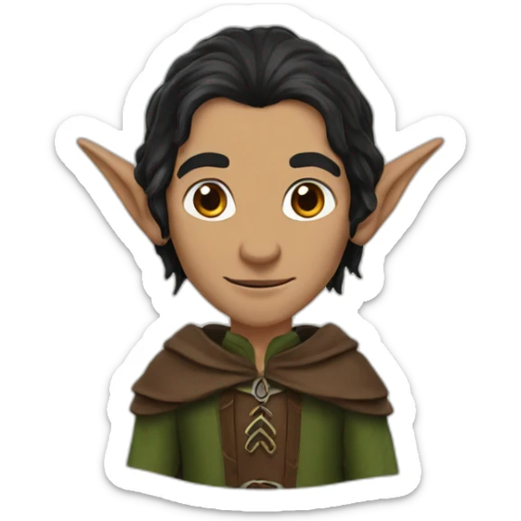 An elf from the lord of the rings, black long hair, pointy ears, brown eyes colors sticker