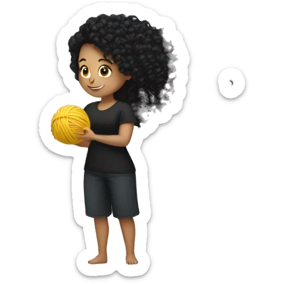 woman with long black curly hair holding one ball of yarn wearing a black shirt sticker