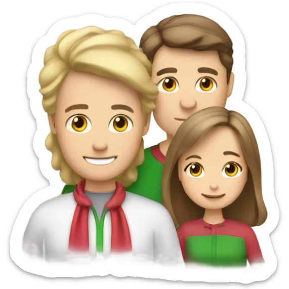 Three people: Brown hair dad , brown hair mom , blond little daughter in Christmas   sticker