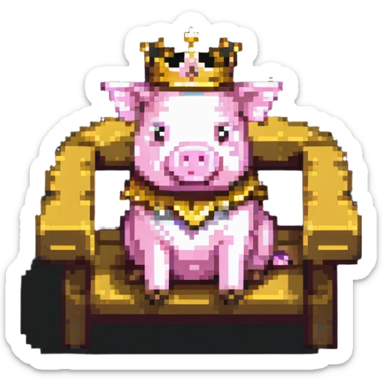 simple ultra-low pixel count pixel art of a pig with a golden crown sitting on a throne, blocky and square like Minecraft sticker