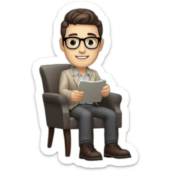 Pale skinned Fit Man With dark brown hair in gray jacket, beige office shirt and vintage glasses sitting In a soft chair with a notebook with emblem Ψ and a pen in his hands sticker