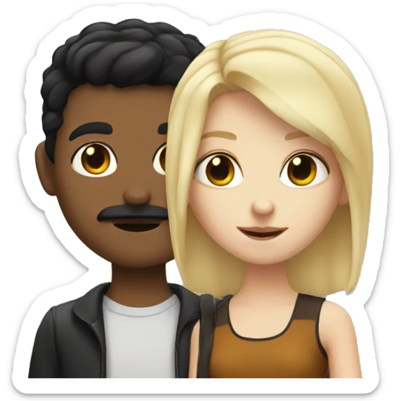 blonde girl with white boy with black hair and a mustache sticker