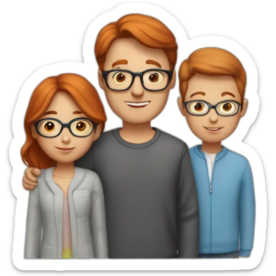 their family consists of 3 people - a mother with red hair, a father with brown hair on the sides and a small bald spot in the center, a 12-year-old boy with brown hair in glasses sticker